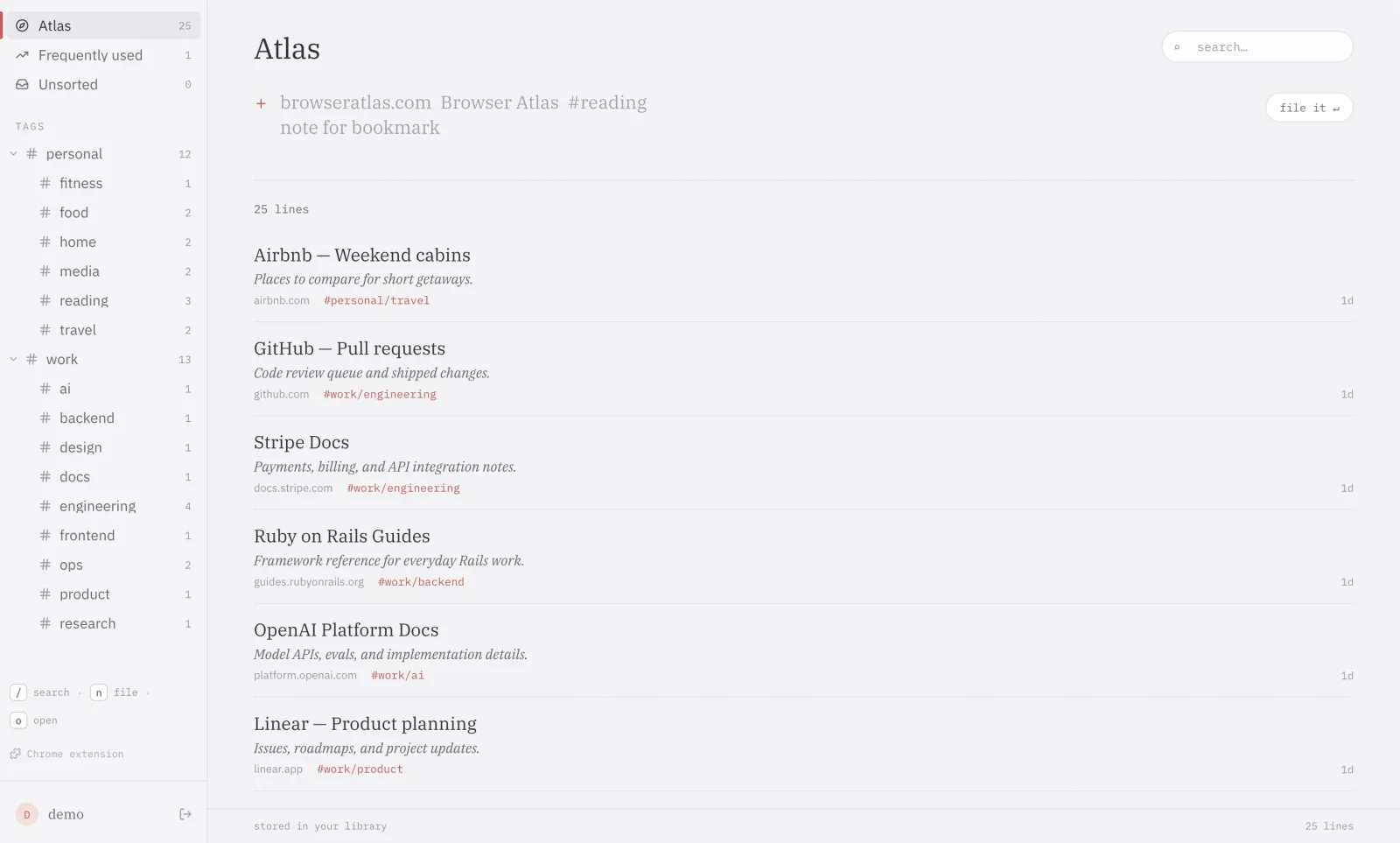 The Browser Atlas library: a tag tree in the sidebar, a one-line box to file a new link, and saved bookmarks with notes, domains, and tags